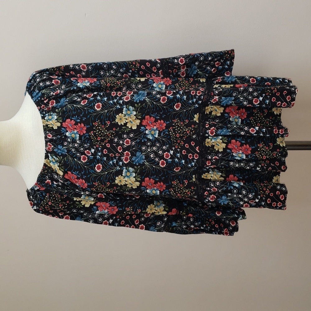 Grace Elements Dark Floral Tiered Boho Bell Sleeve Blouse, Size Large